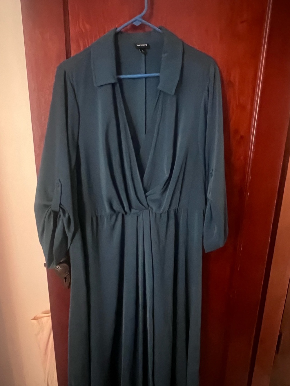Blue/Teal V-Neck Faux Wrap Blouse Dress